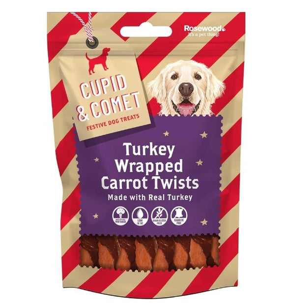 CUPID & COMET CHRISTMAS TURKEY WRAPPED CARROT TWIST DOG TREATS 100G