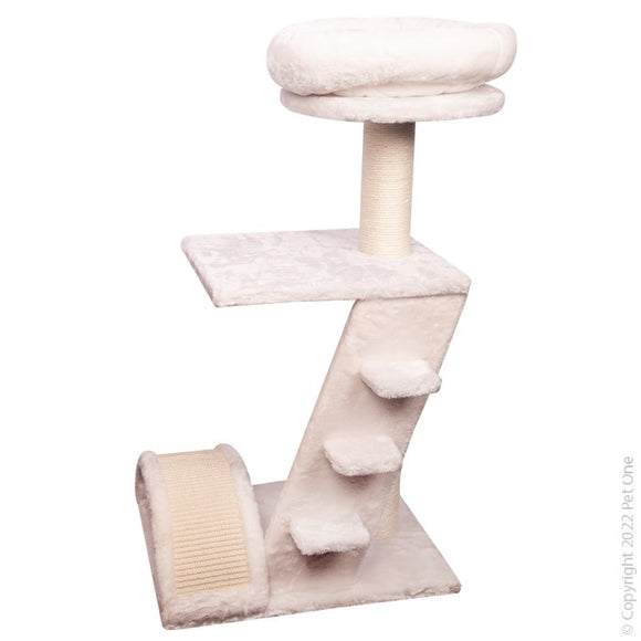 PET ONE SCRATCHING TREE TOWER WITH BED, PLATFORM & SCRATCHER WITH STEPS 48 X 40 X 90CM WHITE