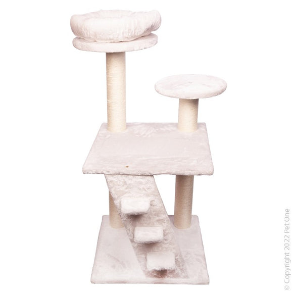 PET ONE SCRATCHING TREE 2 TIER TOWER W/BED & PLATFORMS WITH STEPS 48 X 48 X 110CM WHITE