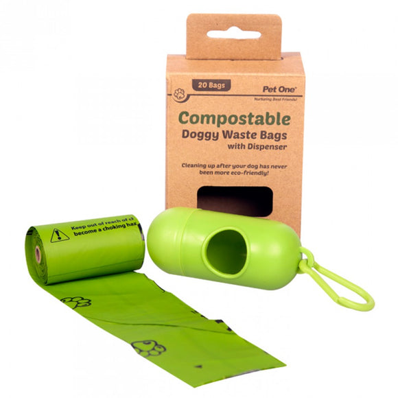 PET ONE DOGGY WASTE BAGS COMPOSTABLE 1 ROLL X 20 BAGS