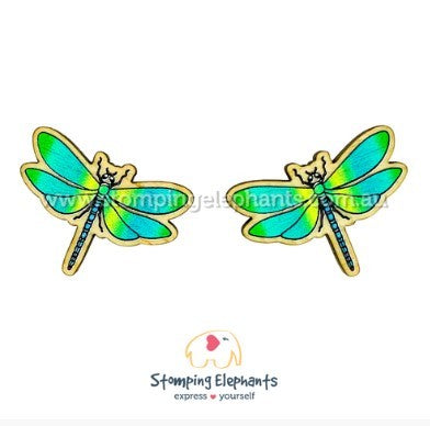 STOMPING ELEPHANTS DRAGONFLY BLUE AND GREEN OMBRE EARRINGS (XXL STUD)