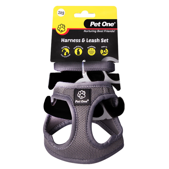 PET ONE HARNESS AND LEASH SET 28-30CM GREY 3XS