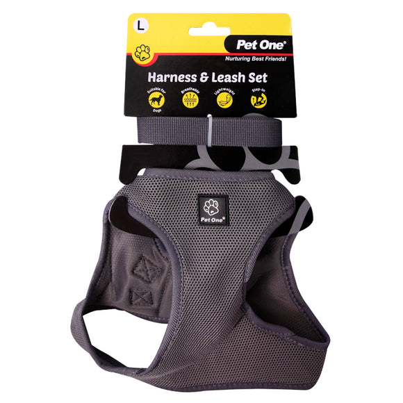 PET ONE HARNESS AND LEASH SET 45-51CM GREY LARGE