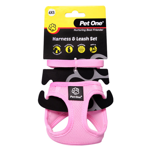 PET ONE HARNESS AND LEASH SET 26-28CM PINK 4XS