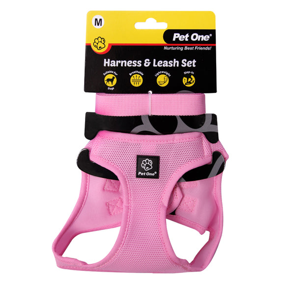 PET ONE HARNESS AND LEASH SET 41-44CM PINK MEDIUM
