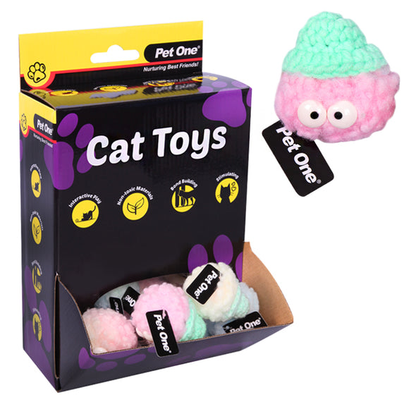 PET ONE CAT TOY FUZZY BALL WITH EYES 5CM ASSORTED