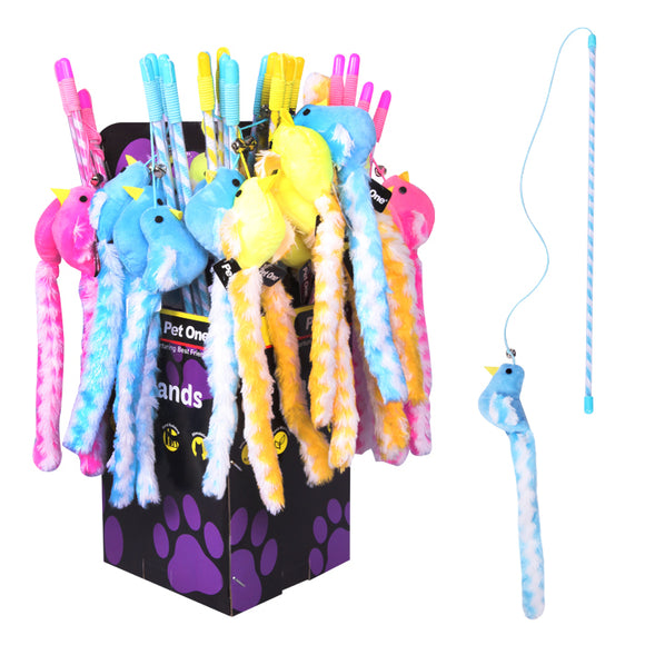 PET ONE CAT TOY WAND BIRD WITH BELL AND CRINKLE 45CM ASSORTED