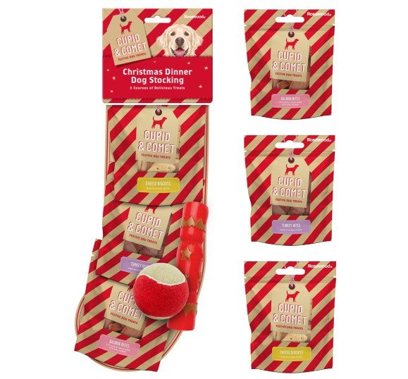 CUPID & COMET CHRISTMAS DINNER DOG STOCKING ASSORTED COLOURS