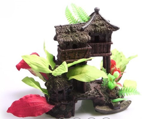 AQUA ONE ORNAMENT JUNGLE HOUSE WITH PLANTS 20 X 13 X 19CM