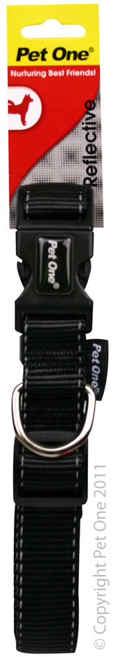 PET ONE COLLAR NYLON REFLECTIVE 24 TO 37CM BLACK