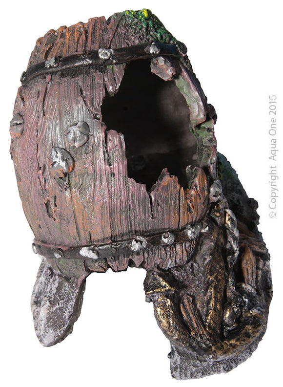 AQUA ONE ORNAMENT WRECKED  BARREL ON ROCK SMALL