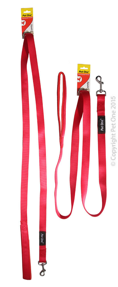 PET ONE 180CM LEASH NYLON PADDED 25MM RED