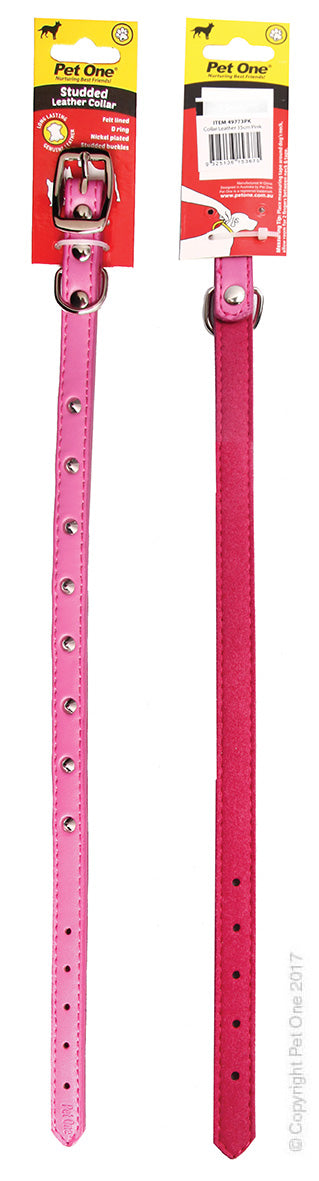 PET ONE COLLAR LEATHER STUDDED 45CM PINK