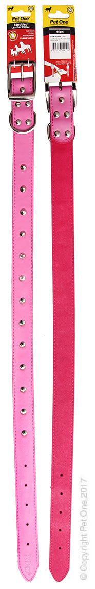 PET ONE COLLAR LEATHER STUDDED 60CM PINK