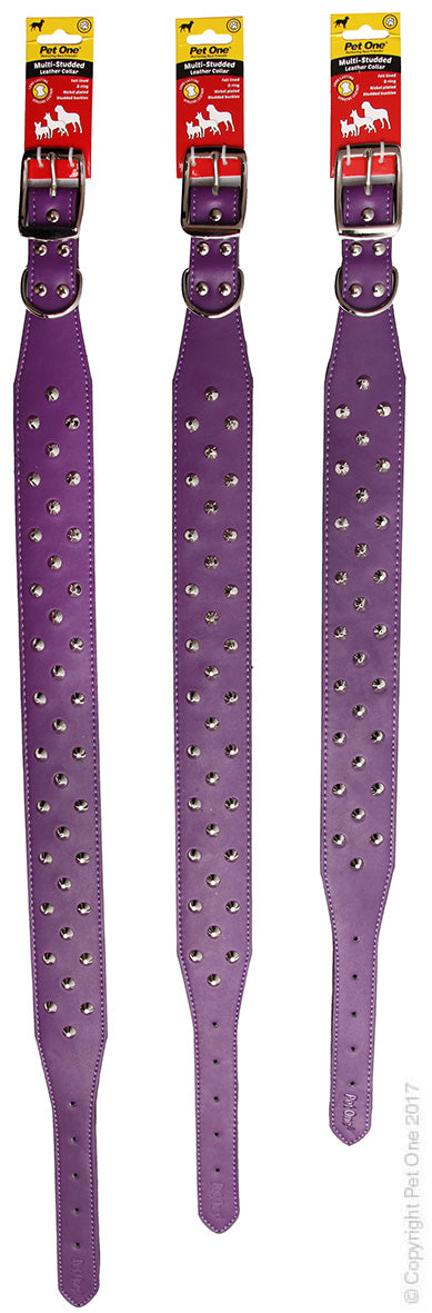 PET ONE COLLAR LEATHER 3 ROW STUD 55CM PURPLE