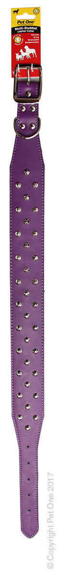 PET ONE COLLAR LEATHER 3 ROW STUD 60CM PURPLE