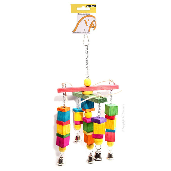 AVI ONE BIRD TOY LEATHER ROPE COLOURED WOOD CUBE WITH BELL