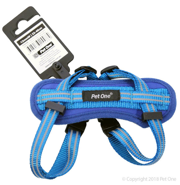 PET ONE HARNESS NYLON ADJUSTABLE REFLECTIVE 23-40CM 13MM BLUE/BLUE