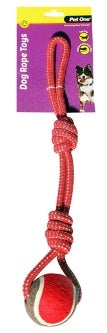 PET ONE DOG TOY ROPE 2 KNOT WITH TENNIS BALL RED/BLUE 43CM