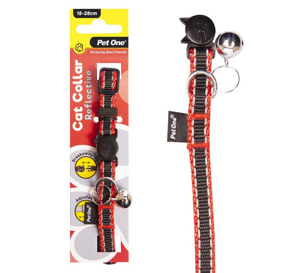 PET ONE CAT COLLAR 18-28CM 10MM REFLECTIVE BLACK & RED