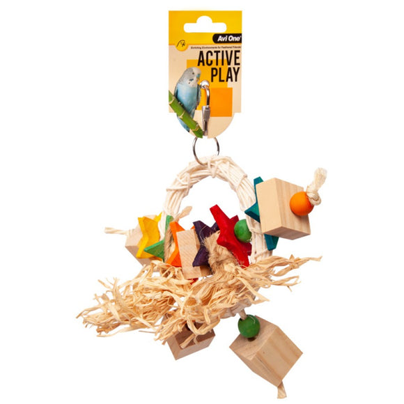 AVI ONE BIRD TOY RATTAN HOOP WITH BEADS, STARS AND BLOCKS 24CM