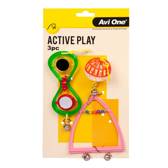 AVI ONE BIRD TOY 3 PIECE MULTICOLOURED TWIN MIRROR, BALL AND SWING