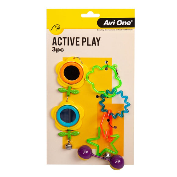 AVI ONE BIRD TOY 3 PIECE MULTICOLOURED TWIN MIRROR, BALANCE BALL AND INTERLOCK SHAPES