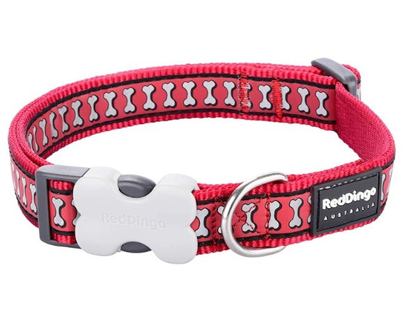 RED DINGO DOG COLLAR REFLECTIVE BONES RED 12MM