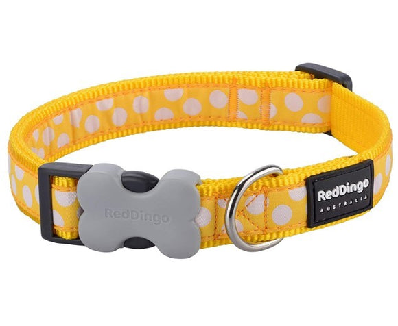 RED DINGO DOG COLLAR WHITE SPOTS ON YELLOW 20MM