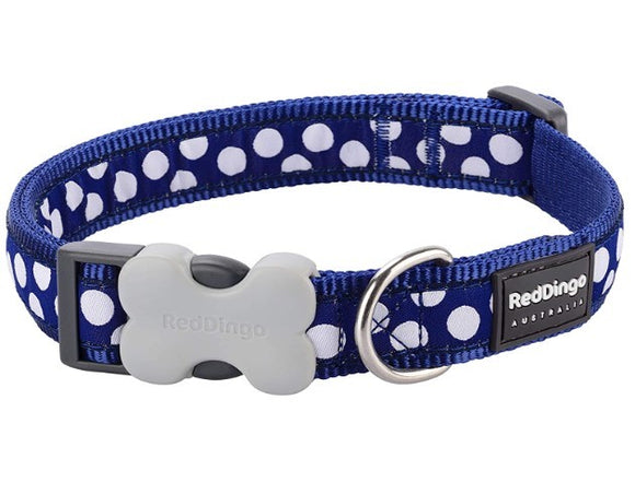 RED DINGO DOG COLLAR WHITE SPOTS ON NAVY 12MM