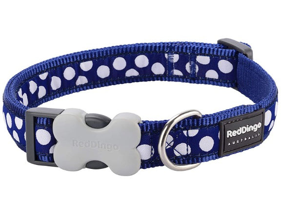 RED DINGO DOG COLLAR WHITE SPOTS ON NAVY 15MM