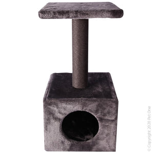 PET ONE SCRATCHING TREE POST WITH PLATFORM AND HIDE 30W X 30D X 62CM H GREY