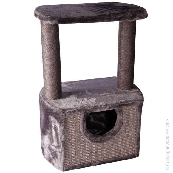 PET ONE SCRATCHING TREE DOUBLE POST WITH PLATFORMS AND HIDE 50W X 36D X 72CM H GREY