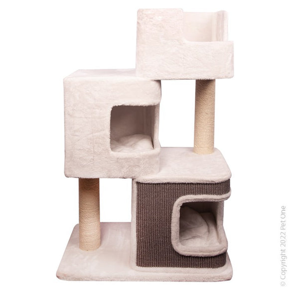 PET ONE SCRATCHING TREE 3 TIER TOWER W/HIDE AND BED 65 X 40 X 100CM WHITE GREY