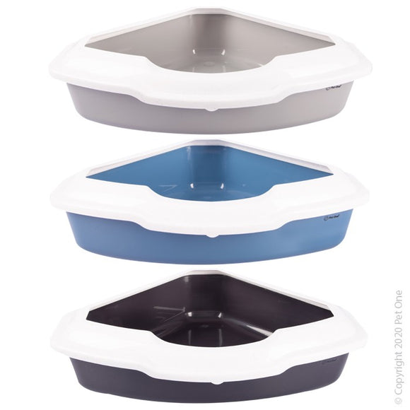 PET ONE CORNER LITTER TRAY WITH LID LARGE 42 X 56 X 14CM ASSORTED COLOURS
