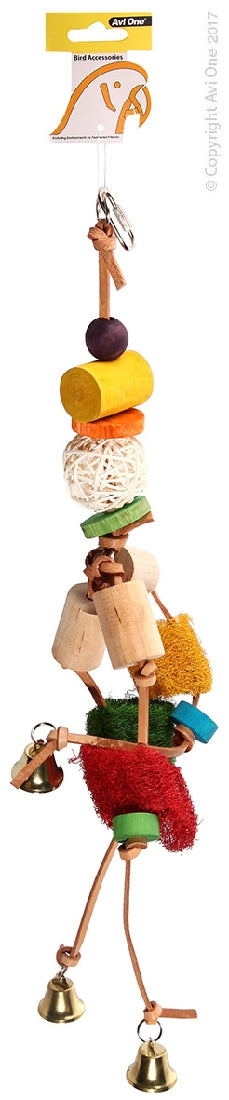 AVI ONE PARROT TOY LEATHER MOBILE WITH LOOFAH & WICKER BALL