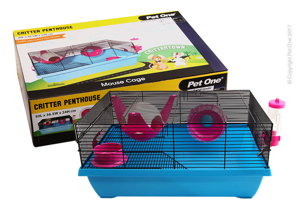 PET ONE CRITTER PENTHOUSE MOUSE WIRE CAGE BLUE PINK 50Lx36.5Wx24cmH