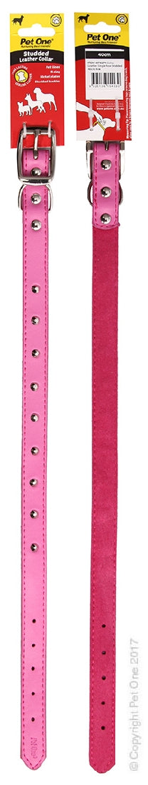 PET ONE COLLAR LEATHER STUDDED 40CM PINK