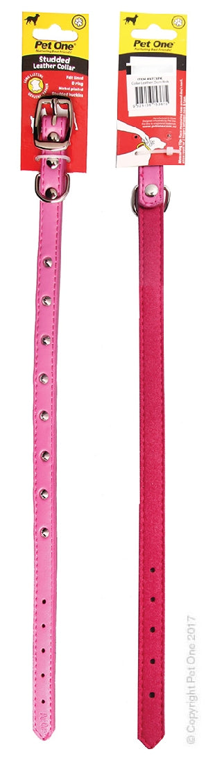 PET ONE COLLAR LEATHER STUDDED 50CM PINK
