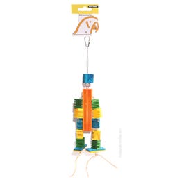 AVI ONE BIRD TOY LEATHER ROPE COLOURED WOOD BLOCK ROBOT