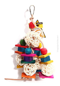 AVI ONE BIRD TOY LEATHER ROPE WITH RATTAN BALL AND COLOURED WOOD BLOCK 57CM