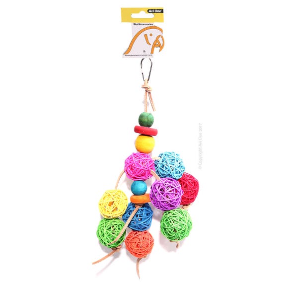 AVI ONE BIRD TOY LEATHER ROPE COLOURED RATTAN BALL 37CM