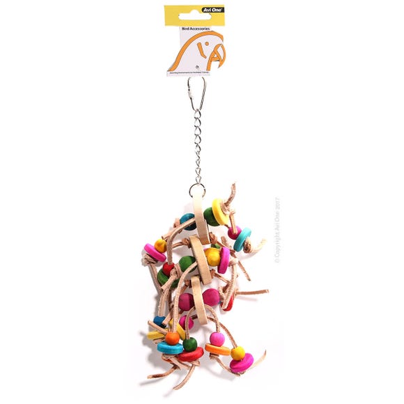 AVI ONE BIRD TOY LEATHER ROPE WITH WOODEN DISCS AND COLOURED BEADS 33CM
