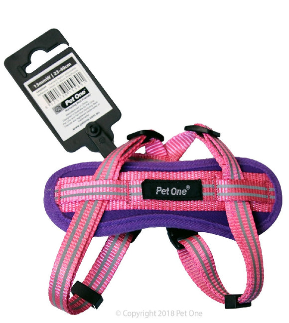 PET ONE HARNESS NYLON ADJUSTABLE REFLECTIVE 23-40CM 13MM PINK/PURPLE