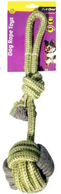 PET ONE DOG TOY TUG ROPE 10CM BALL WITH KNOT GREEN/GREY