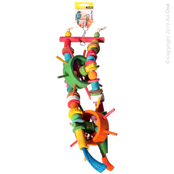 AVI ONE PARROT TOY WOODEN PIN WHEELS WITH BEADS AND CALCIUM BLOCK 63CM