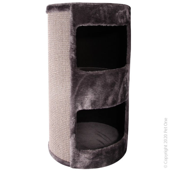 PET ONE SCRATCHING TREE POST WITH BED & DOUBLE HIDE 40 DIAMETER X 70CM H GREY