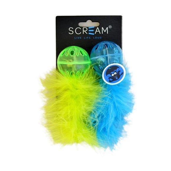 SCREAM LATTICE BALL WITH FEATHER GREEN AND BLUE 2PK