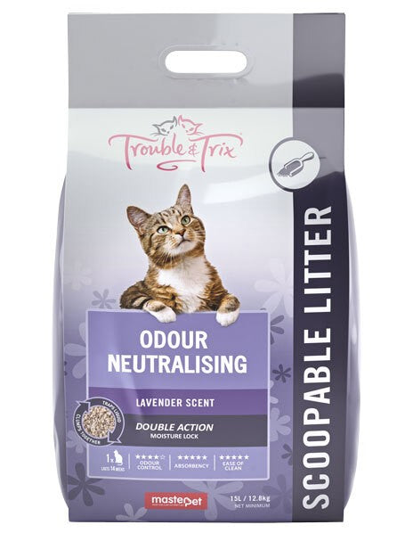 TROUBLE AND TRIX ODOUR NEUTRALISING CLUMPING CAT LITTER 7L LAVENDER SCENT